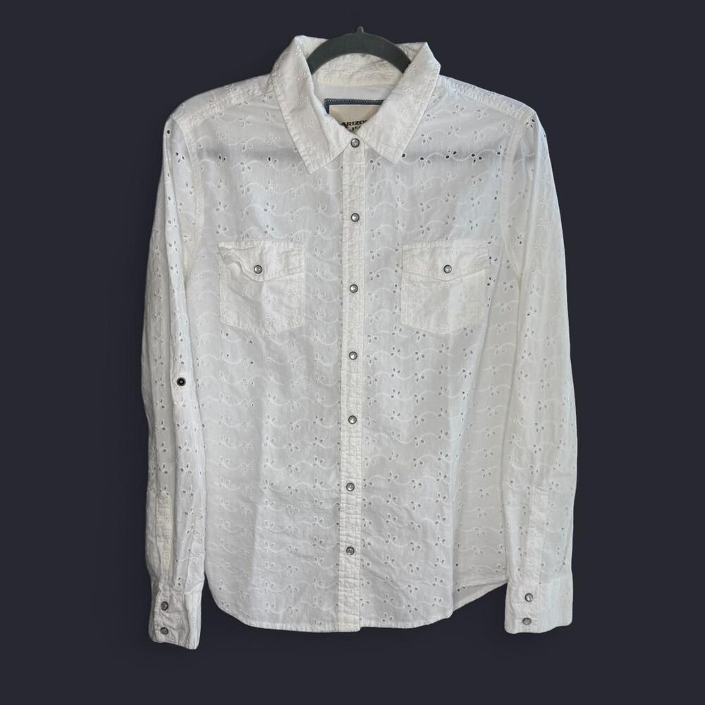 Arizona Women's Snap-Button Down Blouse Size Large White Foliage Embroidery